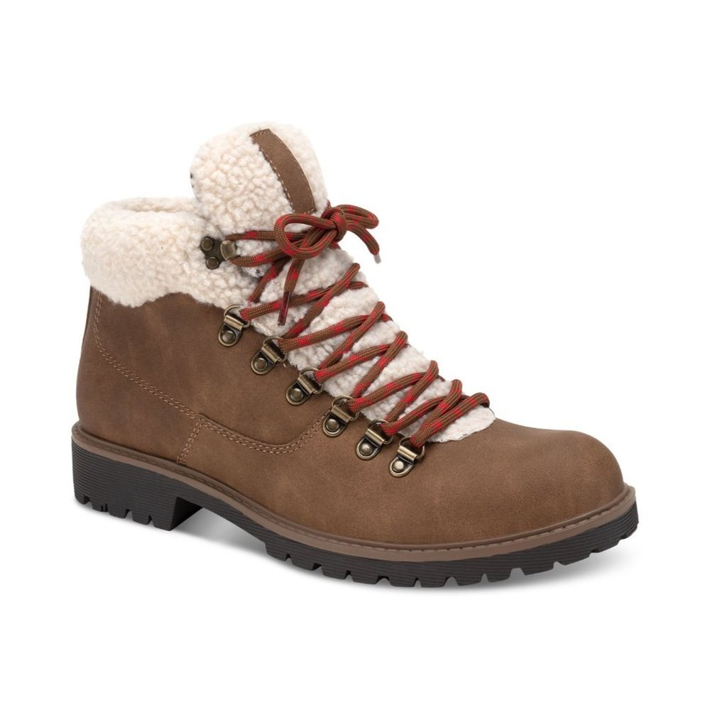 Sun + Stone Men's Glenn Faux-Leather Fleece-Trimmed Lace-up Boots Tan 9 NIB‎